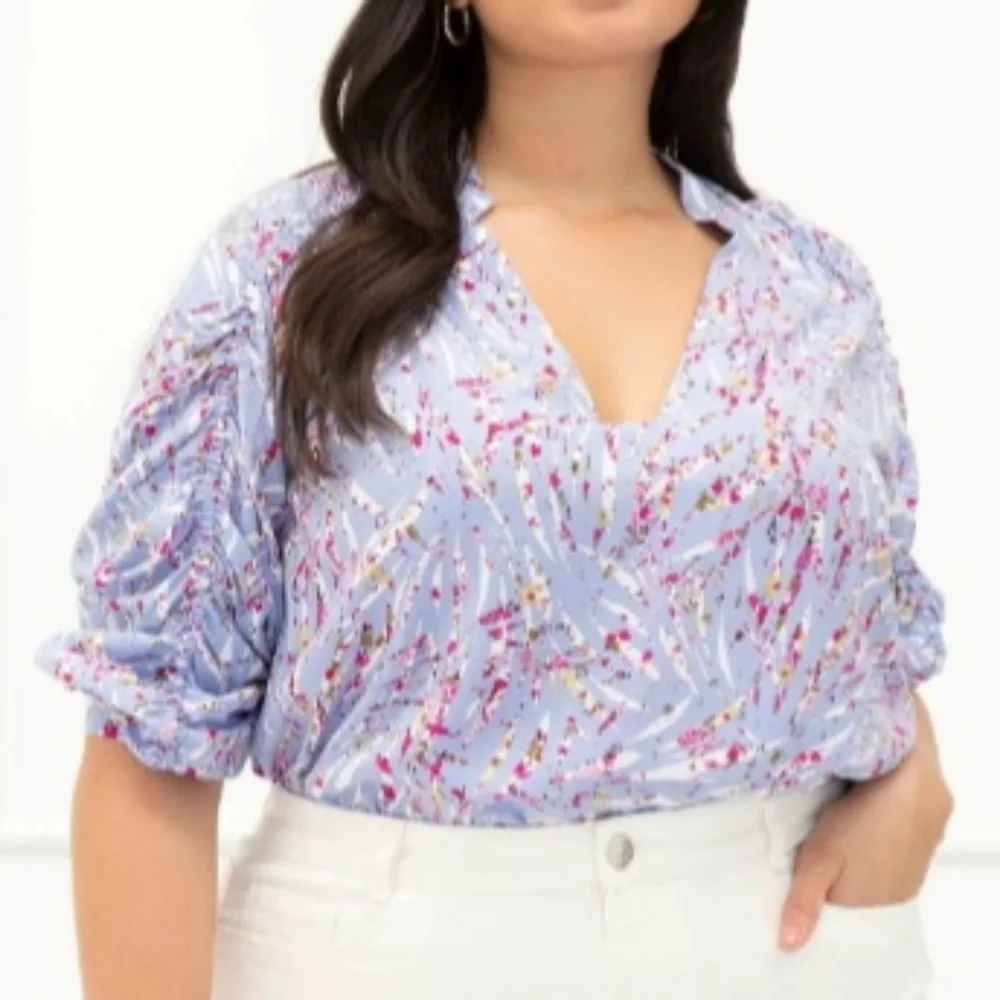 ELOQUII Elements Plus Size Zebra Print Ruched Sleeve Top Flower Detail - Picture 1 of 6